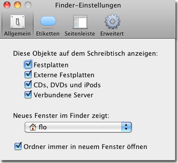 Finder Voreinstellungen